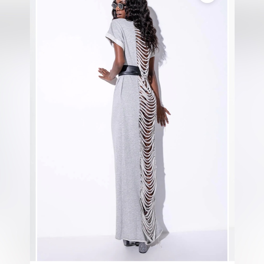 ALL THIS MAXI DRESS WITH DISTRESSED BACK HEATHER GREY NWOT